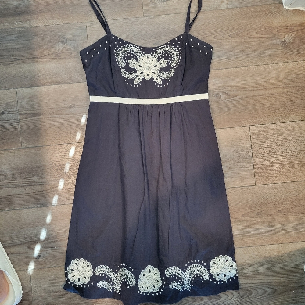 Anthropologie Moulinette Soeurs black dress with white embroidery